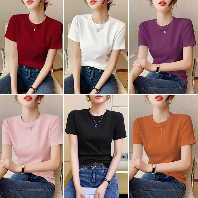 【9个色】纯色短袖t恤女2025年夏季新款正肩修身显瘦半袖打底上衣