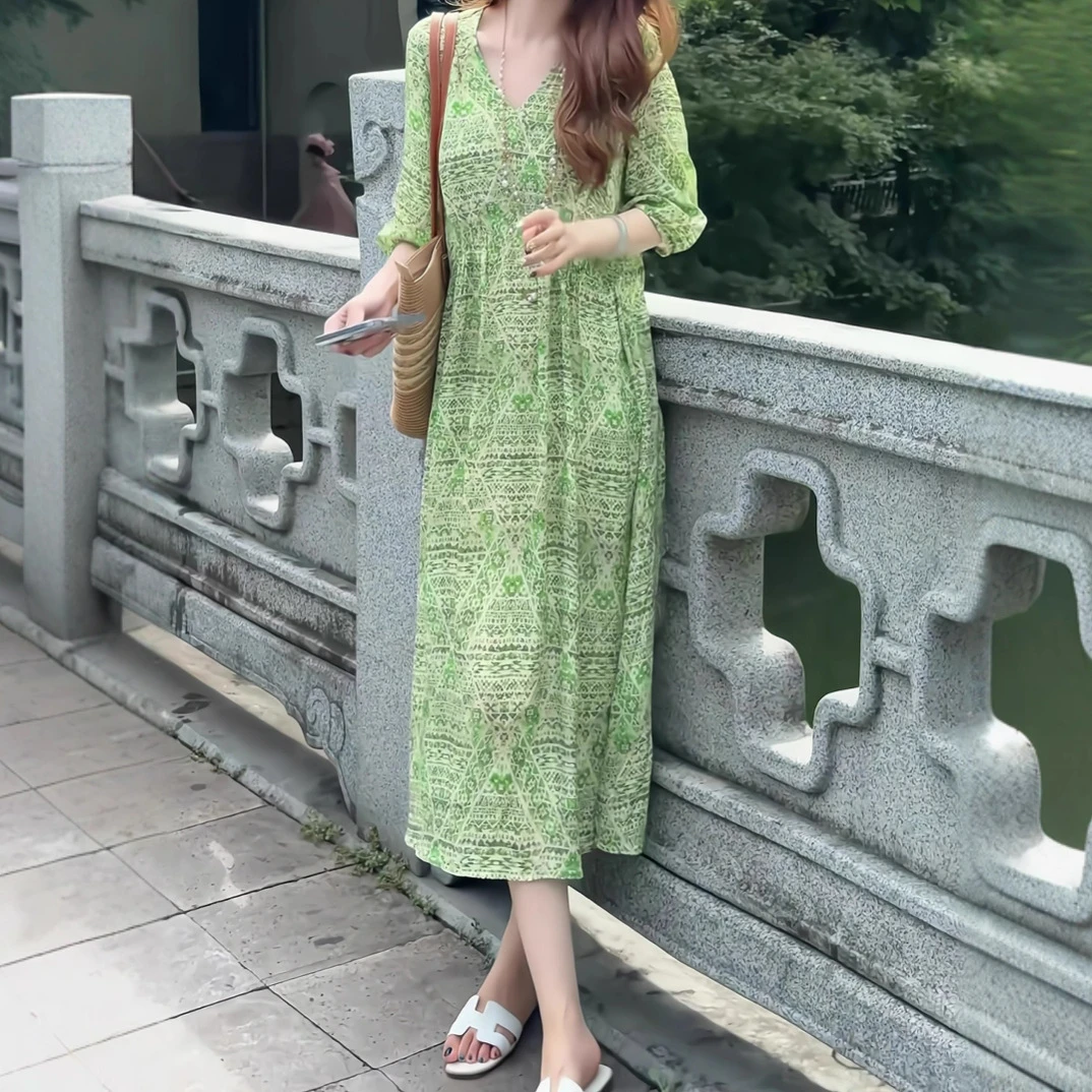 夏季显瘦气质连衣裙法式几何图案宽松韩版收腰连衣裙