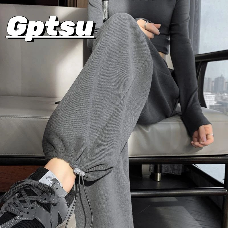 GPTSu灰色运动裤女春秋新款高腰显瘦宽松阔腿美式休闲裤厚棉裤子