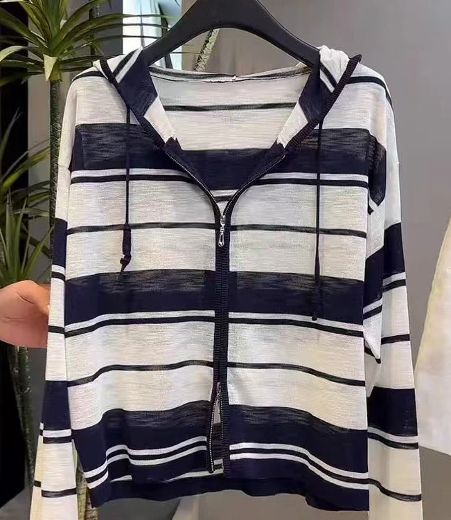 90-170斤早秋条纹连帽长袖防晒针织开衫夏季宽松大码休闲百搭上衣