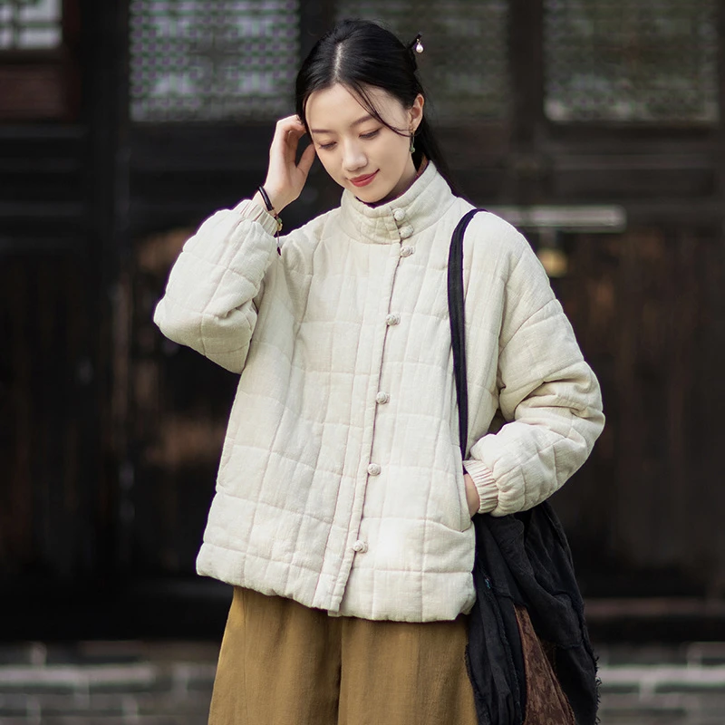 25冬季新款宽松立领保暖棉服女中式复古休闲夹棉绗缝方格盘扣棉衣