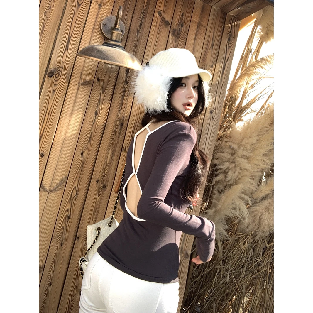 套装运动辣妹露背镂空V领挂脖长袖磨毛修身显瘦内搭打底衫上衣