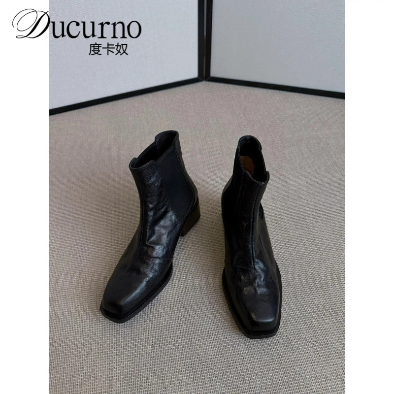 度卡奴质感控~5cm真皮圆头切尔西靴女法式覆古粗高跟短筒靴靴子