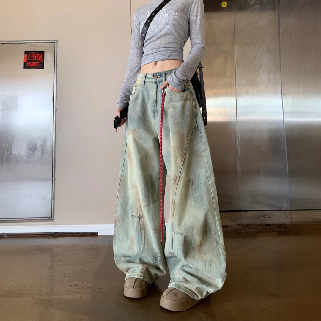 大码美式复古脏染做旧解构弯刀牛仔裤女春秋新款宽松阔腿拖地长裤