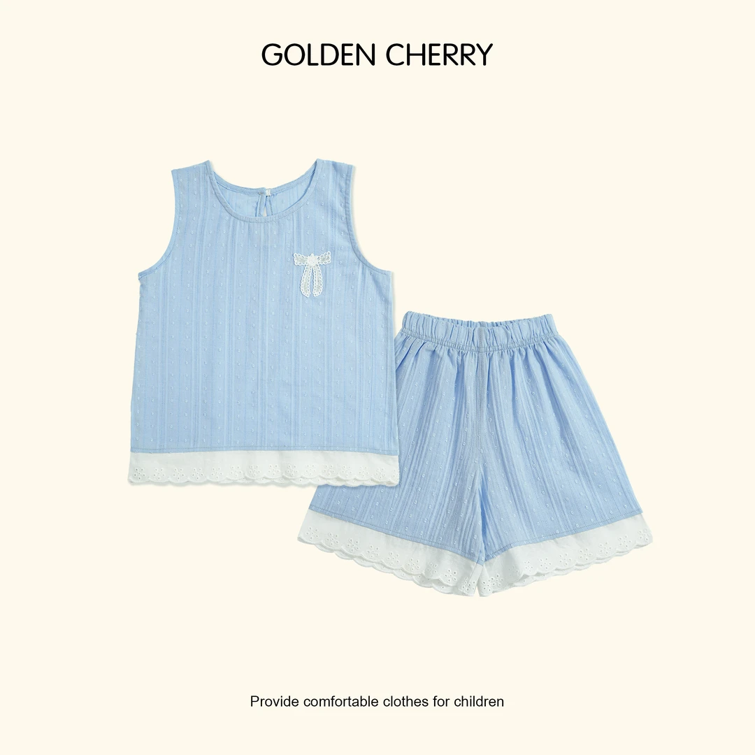8【金樱桃Golden cherry】小童蝴蝶结蓝色蕾丝边套装QDD227