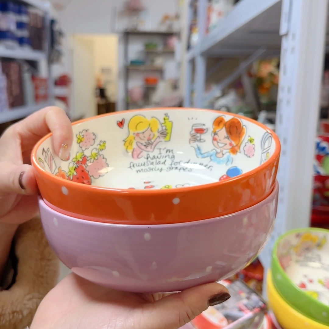 瓷6.5英寸波点面碗2只紫色橘色