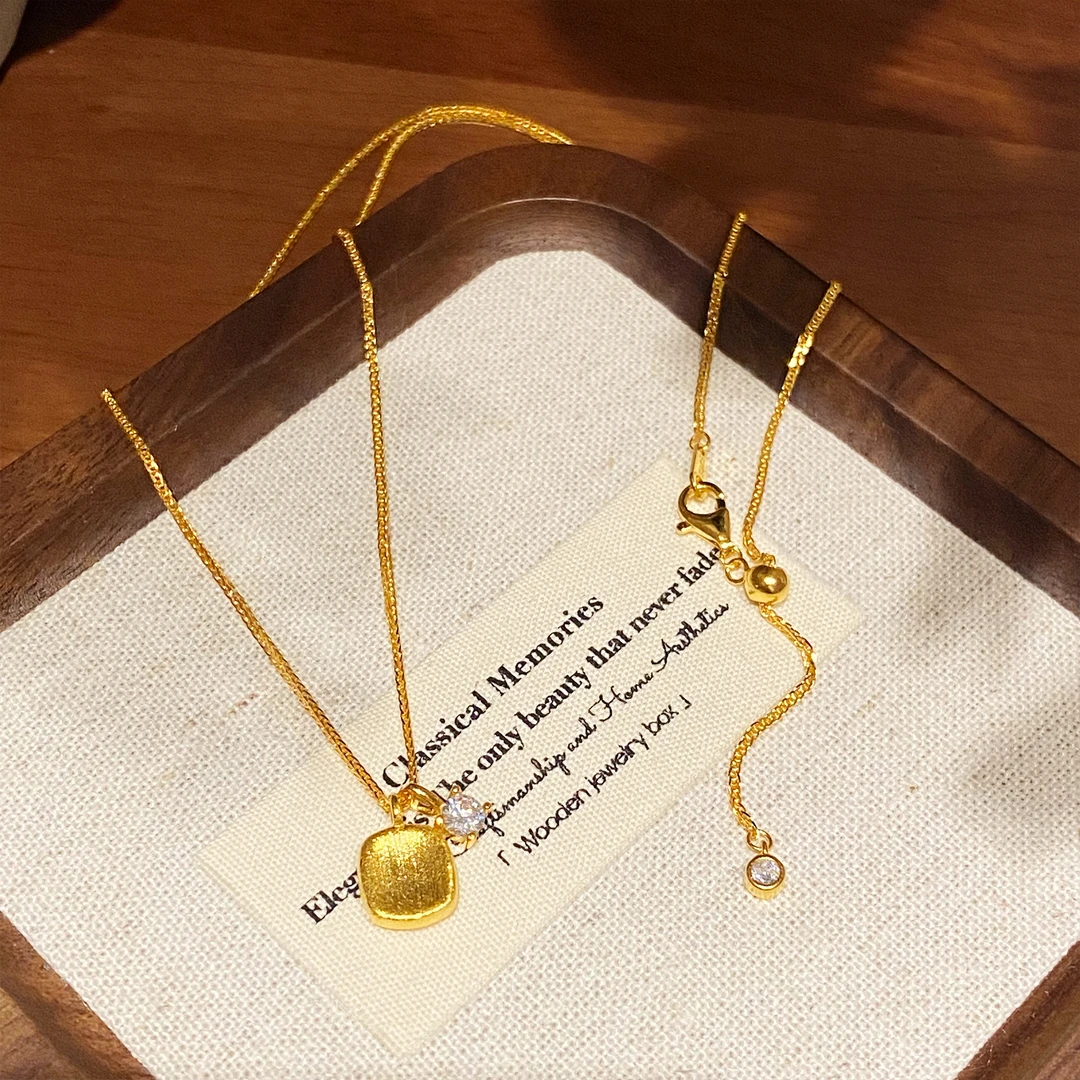 坠链均925银合成锆石 【金色方糖】复古小众经典精致项链A1197