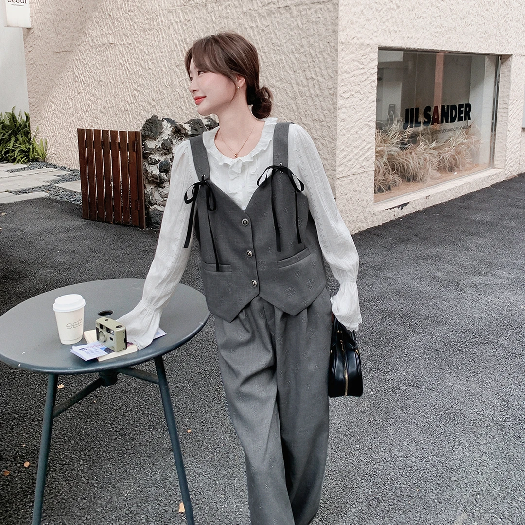 盐甜系马甲拼接假两件衬衫阔腿裤套装女2025年春秋法式气质两件套