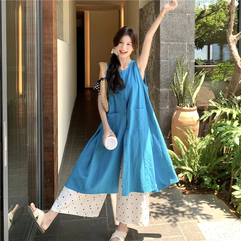 新品无袖连衣裙+阔腿裤套装2c113-8872-p165-k韩范气质春夏装