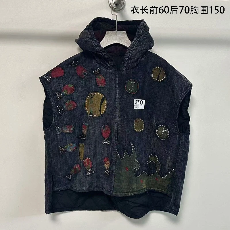 375新款亚麻拼接老布复古印花无袖做旧夹棉加厚休闲百搭马甲女