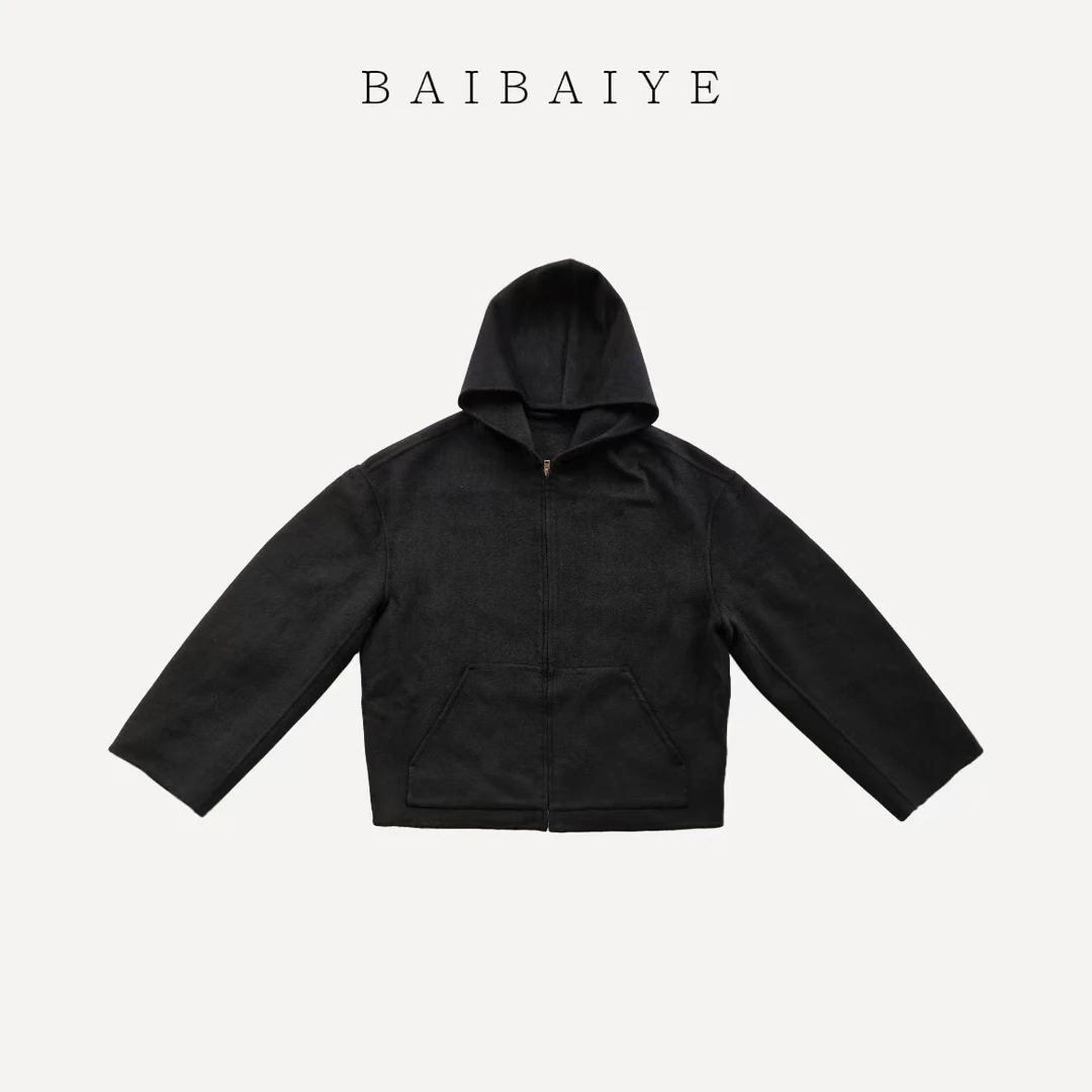 宽松休闲简约羊毛混纺拉链连帽外套【BAIBAIYE】Z25FW142