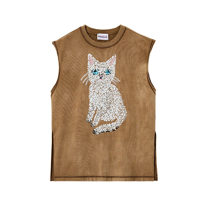 MICartsy王紫珊2025新款卡其色手工钉珠猫咪无袖开衩背心SWS023