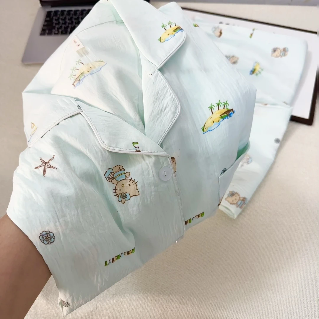 卡通黑皮KT猫睡衣女夏季薄款小清新外穿短袖三件套学生家居服套装