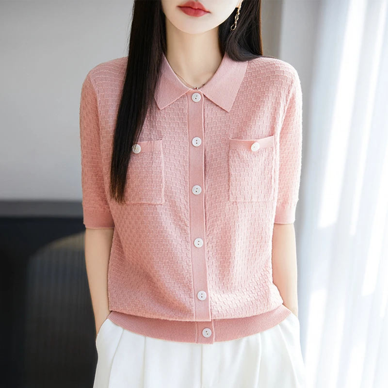 适合多场搭配~桑蚕丝羊毛POLO领短袖带兜针织开衫