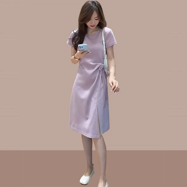 休闲法式紫色短袖t恤连衣裙女2025新款夏季设计感小众收腰a字裙子