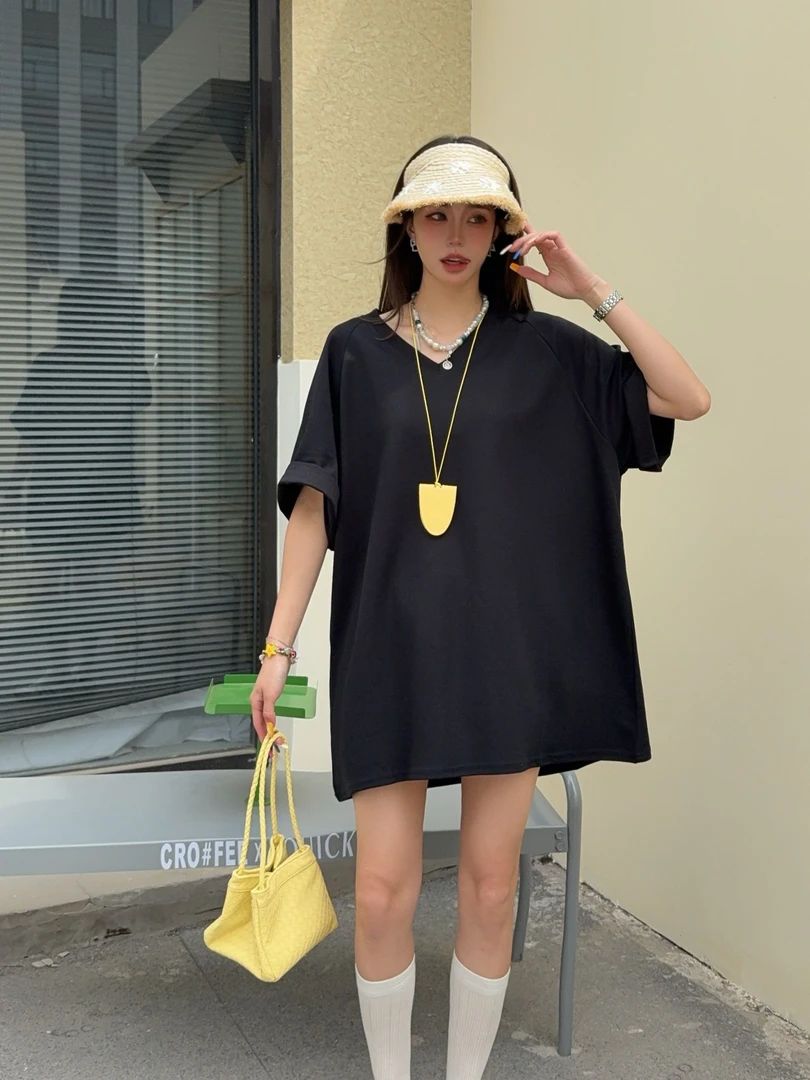 新款大版型擦肩V领净版大T恤慵懒感大版遮屁股百搭显268