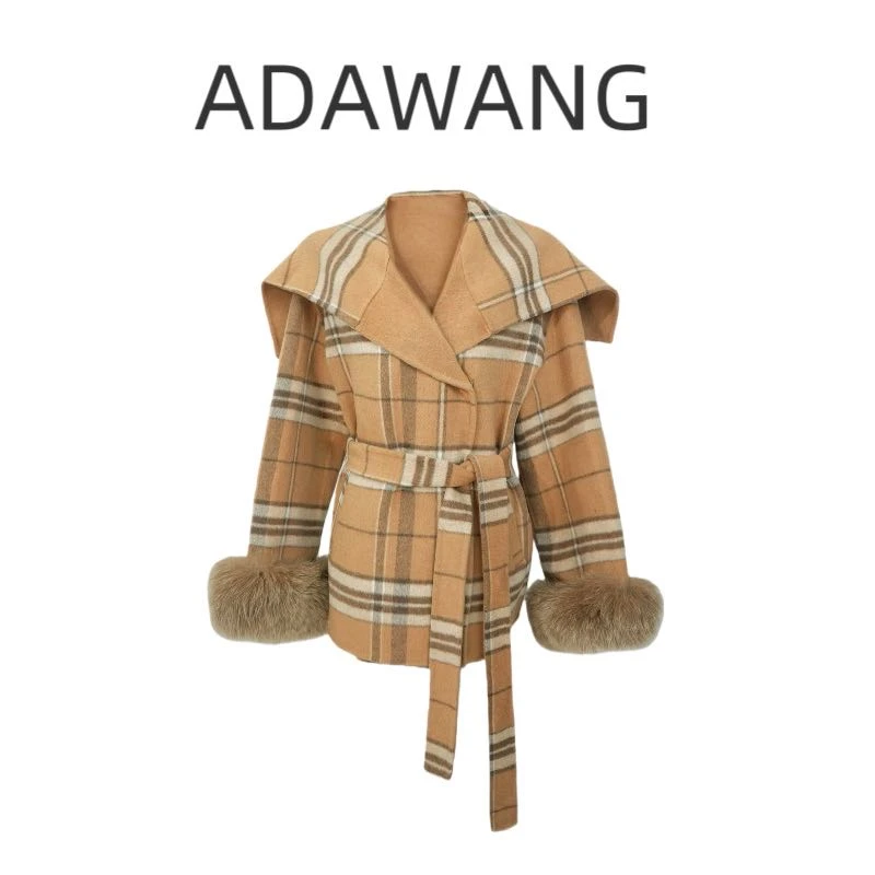 ADA条纹斗篷秋冬狐狸毛呢外套羊毛高级大衣S154