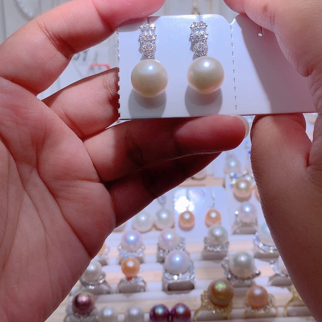 银S925镶嵌耳饰淡水珍珠CC12.3mm