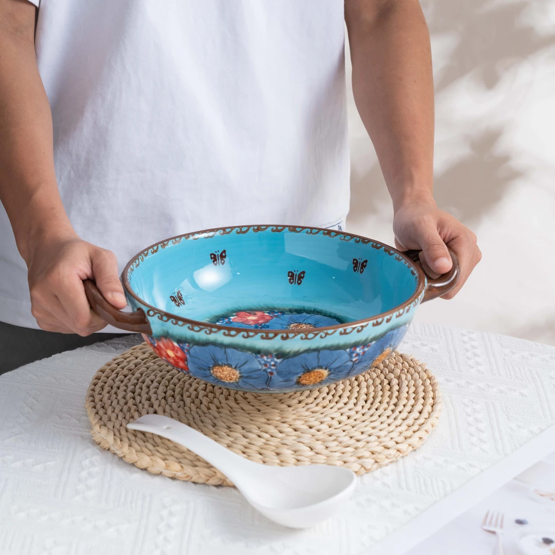 【琉璃蓝】釉下彩手绘12英寸双耳圆汤锅加厚防烫简约轻奢盛汤盆