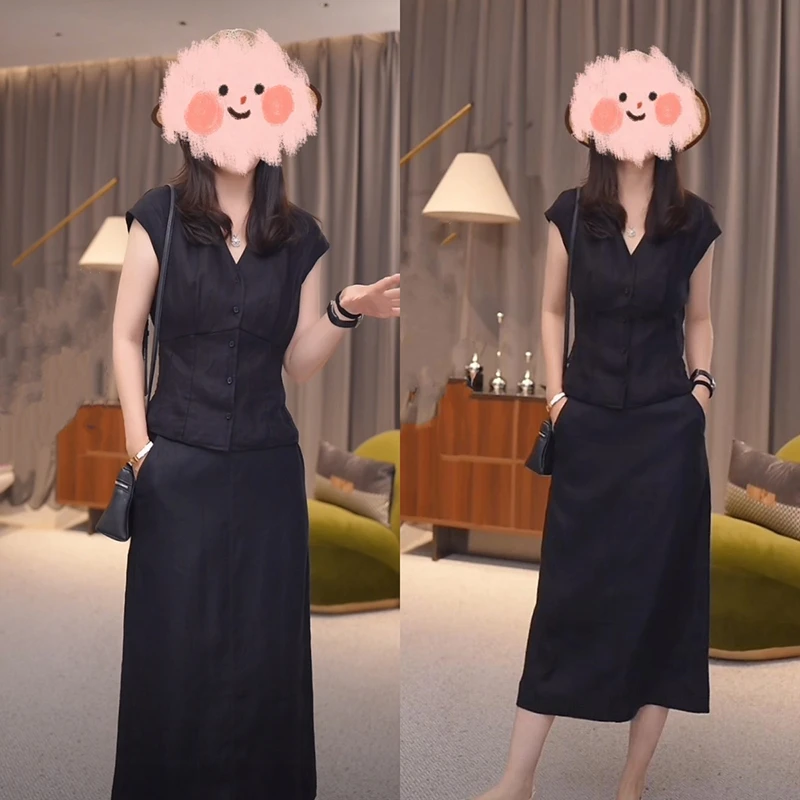 日常通勤套装女夏季新款法式V领修身显瘦短袖衬衫高腰A字裙两件套