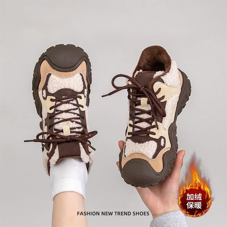 新款冬季丑萌棉鞋加绒复古保暖厚底高帮棉鞋百搭防寒增高老爹鞋