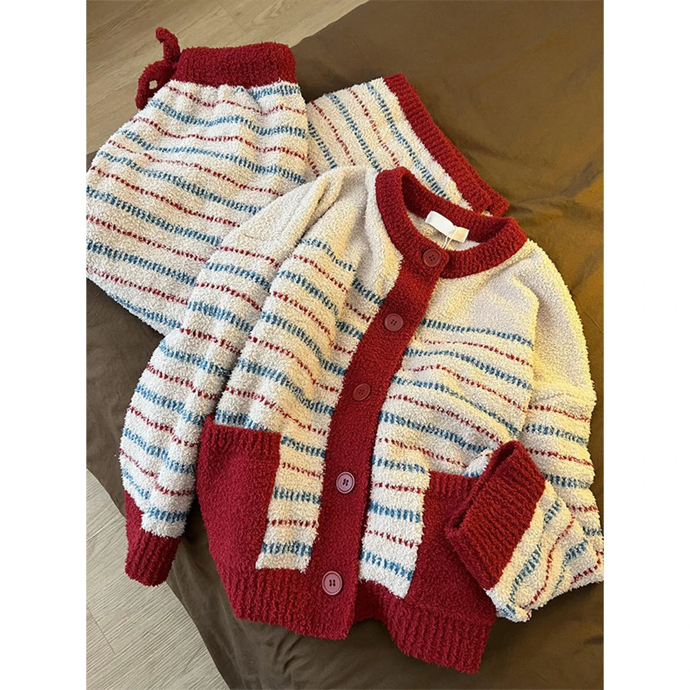 复古文艺风条纹针织半边绒睡衣女冬季加厚开衫外套保暖家居服套装