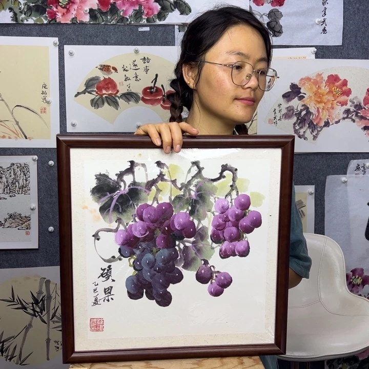 国画手绘硕果累累带框