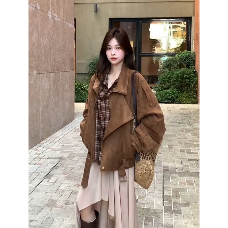 美拉德复古咖色大翻领夹克外套女2025秋季新款麂皮绒工装机车服潮