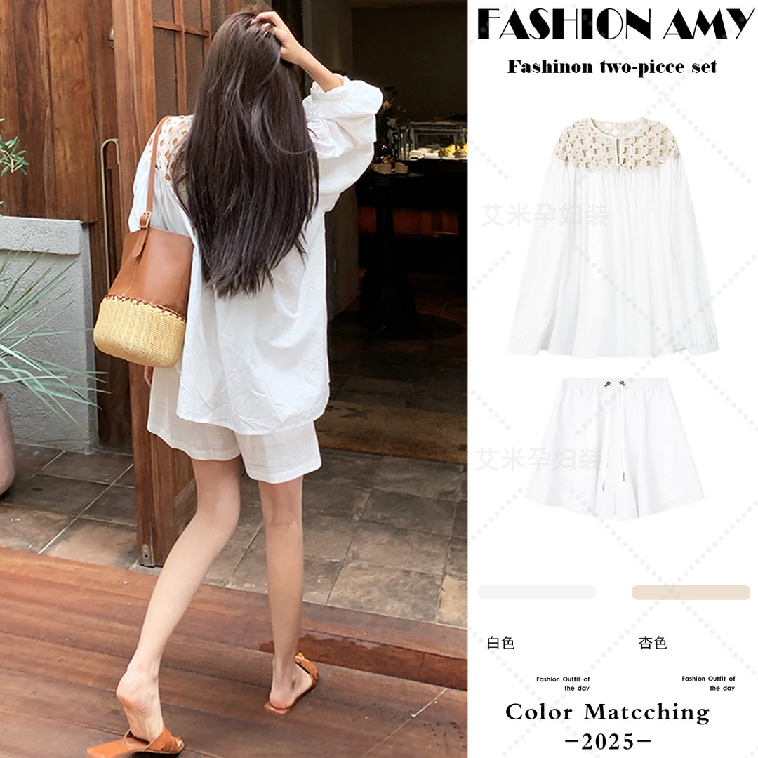 孕妇套装夏装新款时尚宽松薄款气质拼接镂空防晒显瘦上衣休闲短裤
