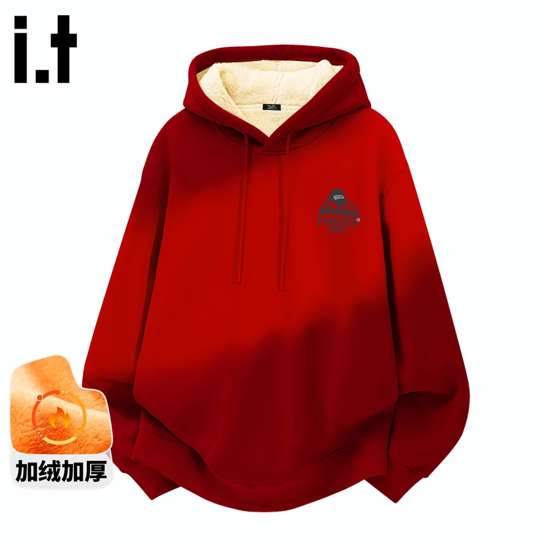 it FINGERCROXX本命年红色连帽卫衣男冬季加绒加厚保暖羊羔绒上衣