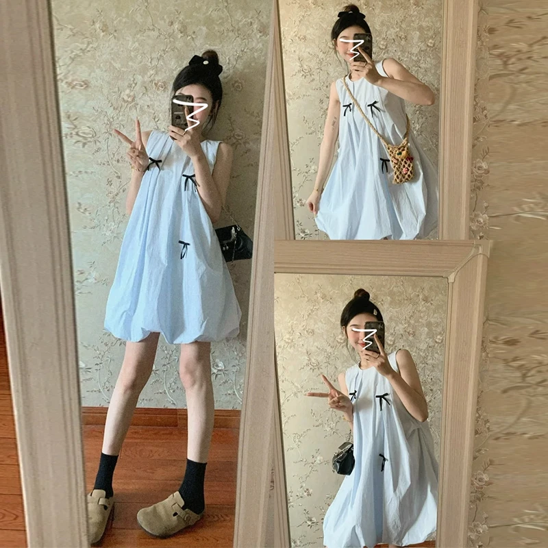 法式温柔风蓝色无袖连衣裙子女2超好看蓬蓬花苞超火短裙3635