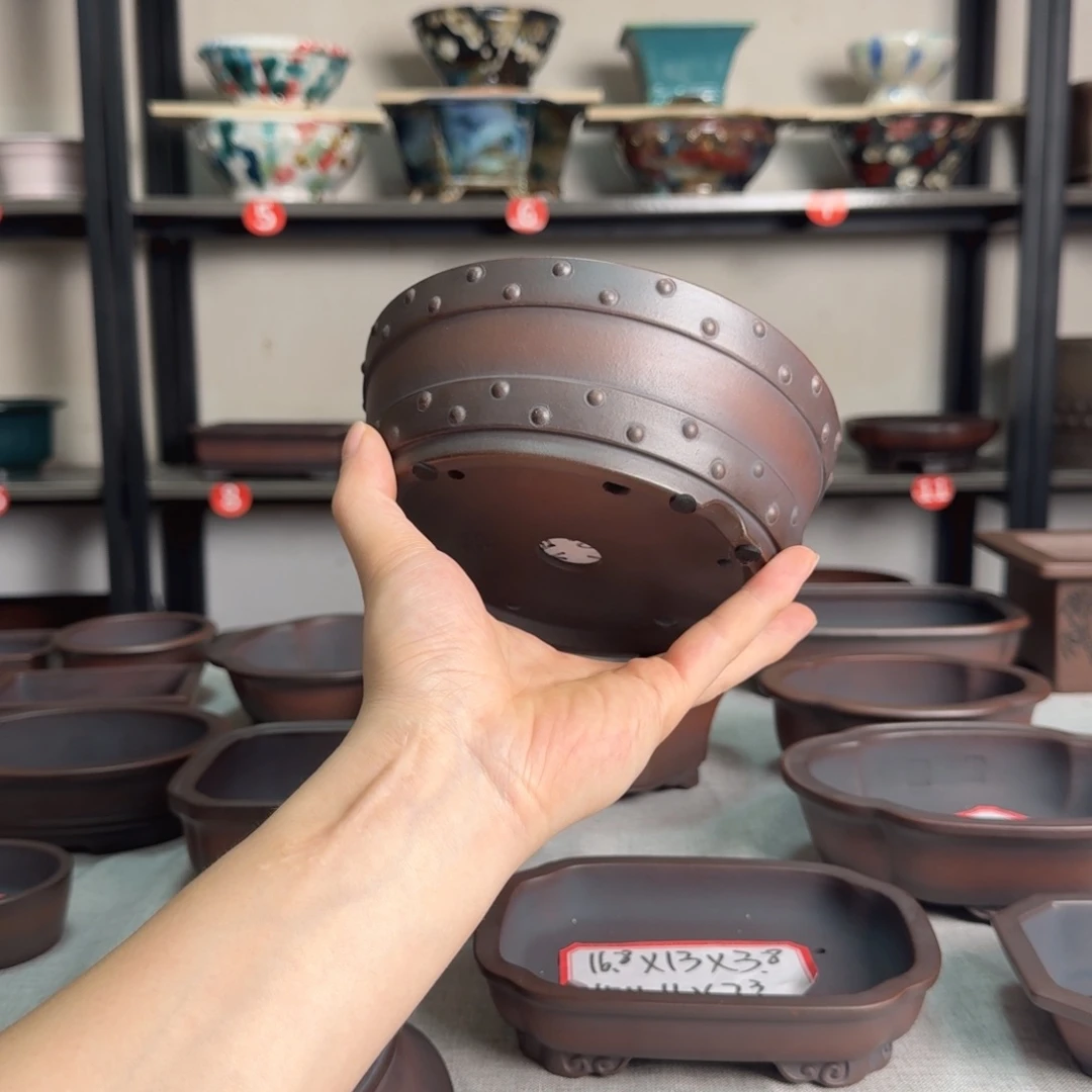 卷***卷紫砂手工鼓钉盆 复古