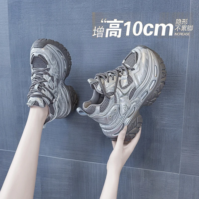 增高10-13cm老爹鞋女2025秋新款轮胎底拼色时尚ins潮鞋厚底休闲鞋