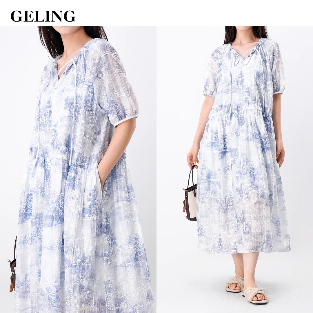 GELING/歌&玲夏季V领绣花连衣裙中长款宽松法式度假裙G504W363L