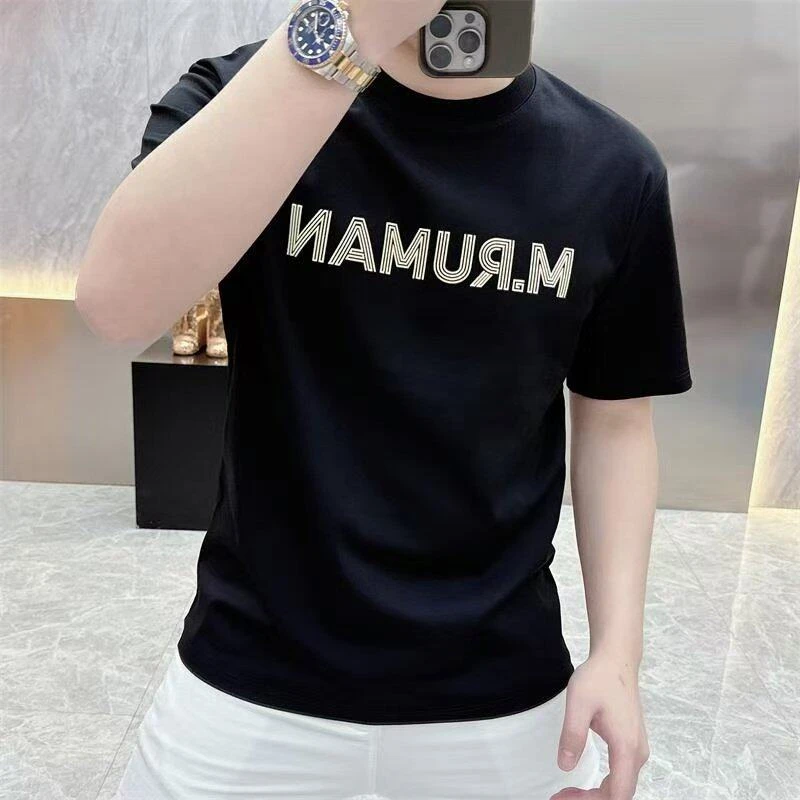 时尚男士休闲t恤短袖夏季男装高品质男士烫印修身T恤网红圆领印花