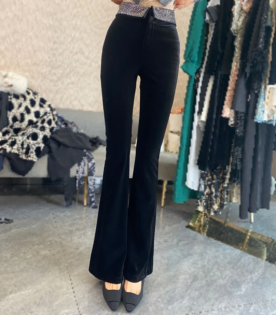 【西装面料】设计感烫钻微喇叭裤子2025春款新款时尚高腰垂感长裤