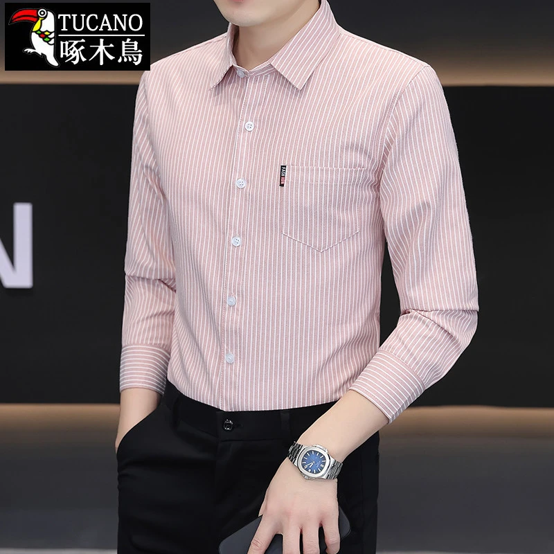 啄木鳥 男士长袖衬衫秋季条纹带口袋休闲衬衣免烫抗皱百搭衣服男