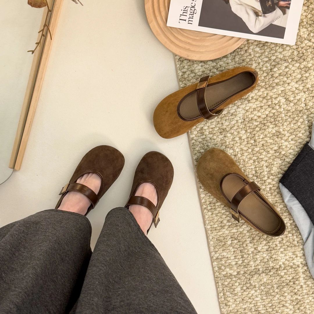 【EL】复古绒面玛丽珍鞋女春季浅口一字带平底单鞋配裙子奶奶鞋