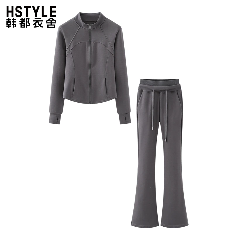 韩都衣舍鱼骨收腰上衣抽绳微喇裤纯色运动套装女春季