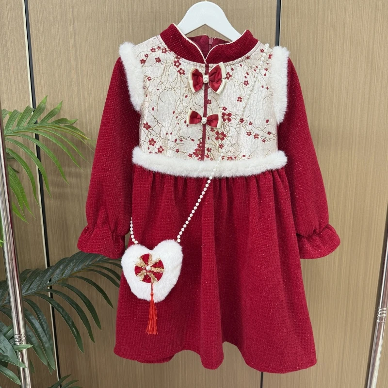 女童冬季新年款韩版裙子洋气假两件加绒加厚连衣裙送包包