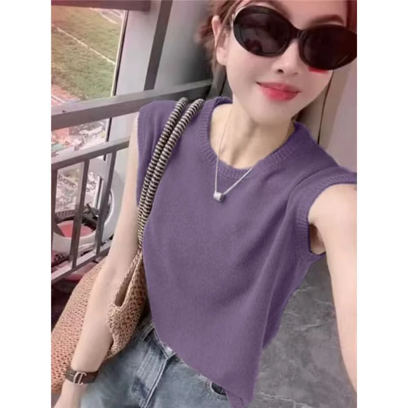 023【细纱~和纸纱！】凉感百搭T恤圆领纯色减龄显瘦针织衫无袖上衣女