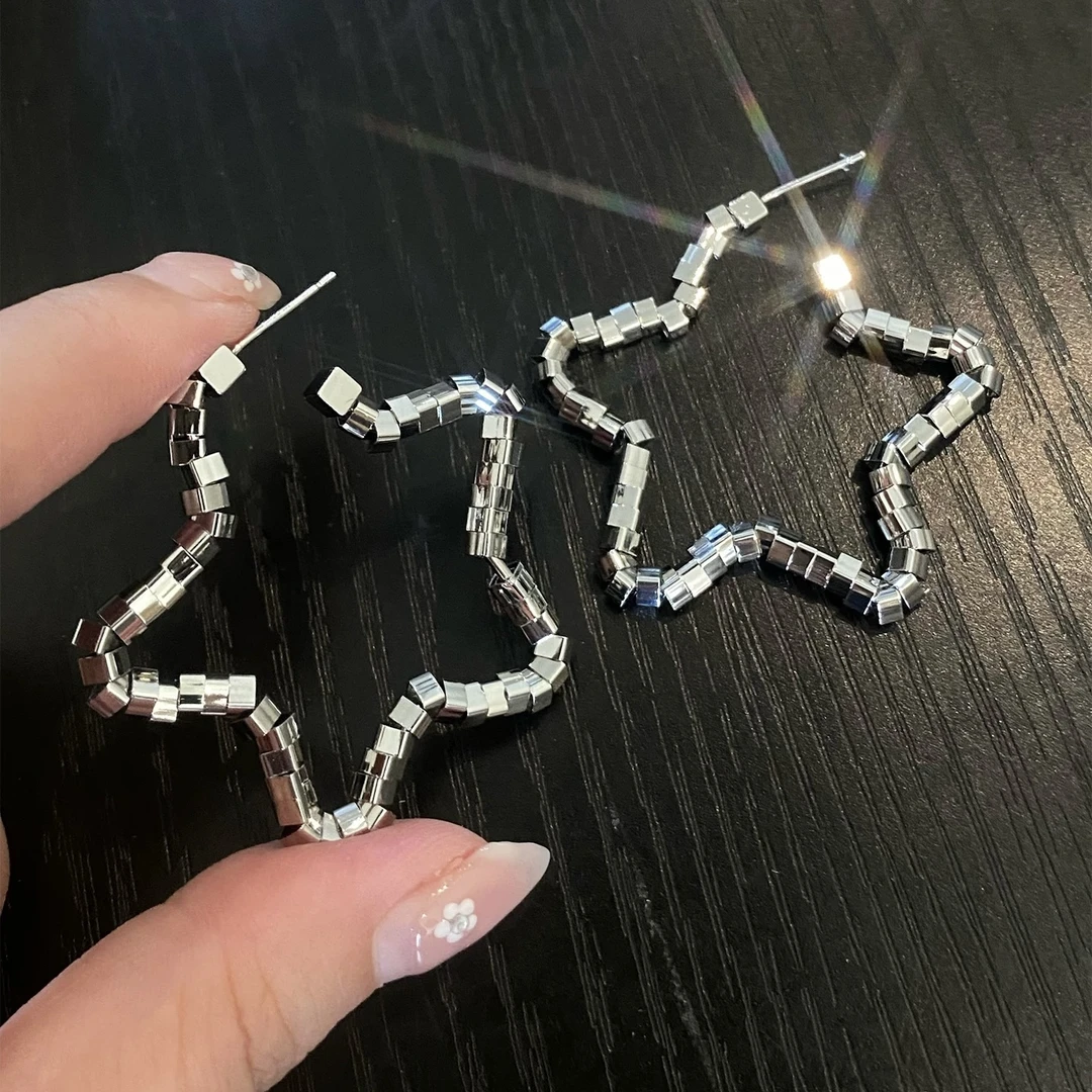 铜合金耳饰 【浠儿家】辣妹个性银色镂空五角星独特小众素款耳圈