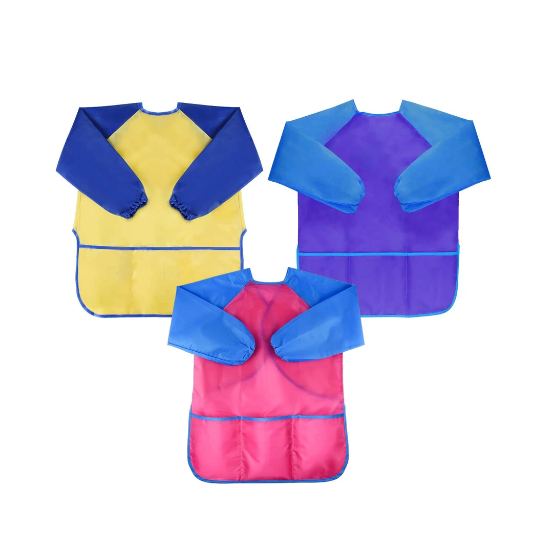 新款儿童防水罩衣长袖围裙套装美术绘画尼龙口袋围兜反穿