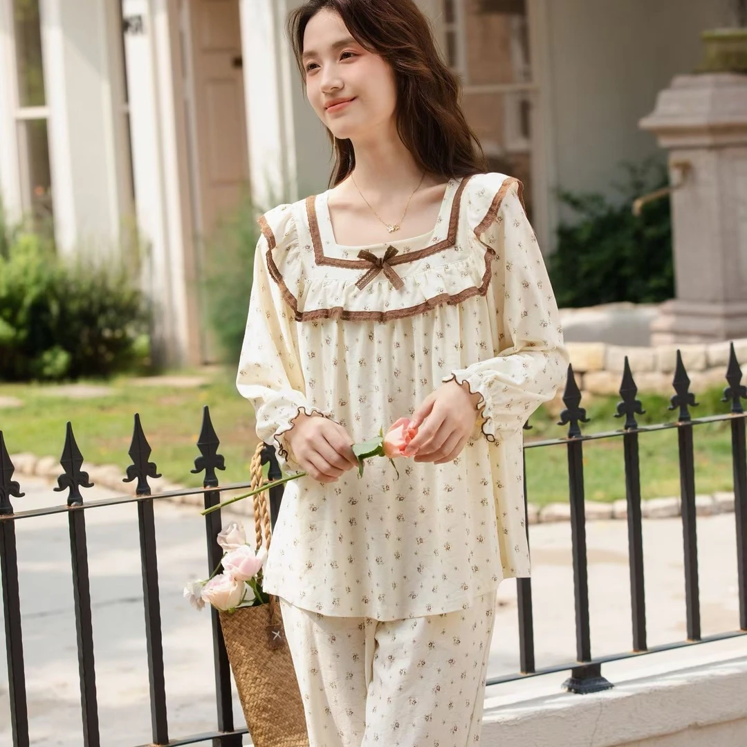 91601女士长袖宽松丁香花纯棉可外穿睡衣家居服套装