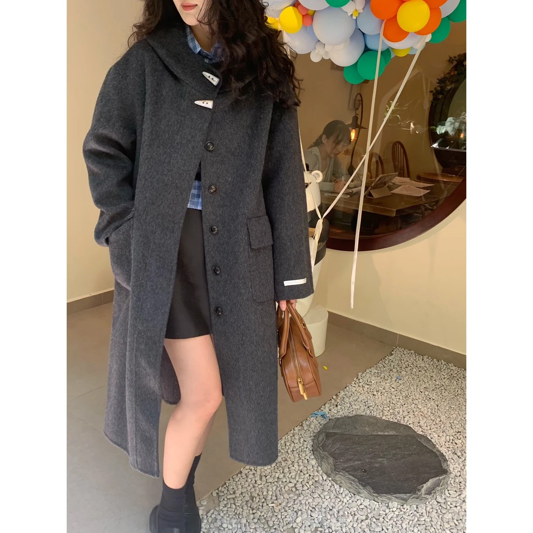 韩单 学院风羊毛大衣韩国24秋冬新款连帽牛角扣毛呢外套