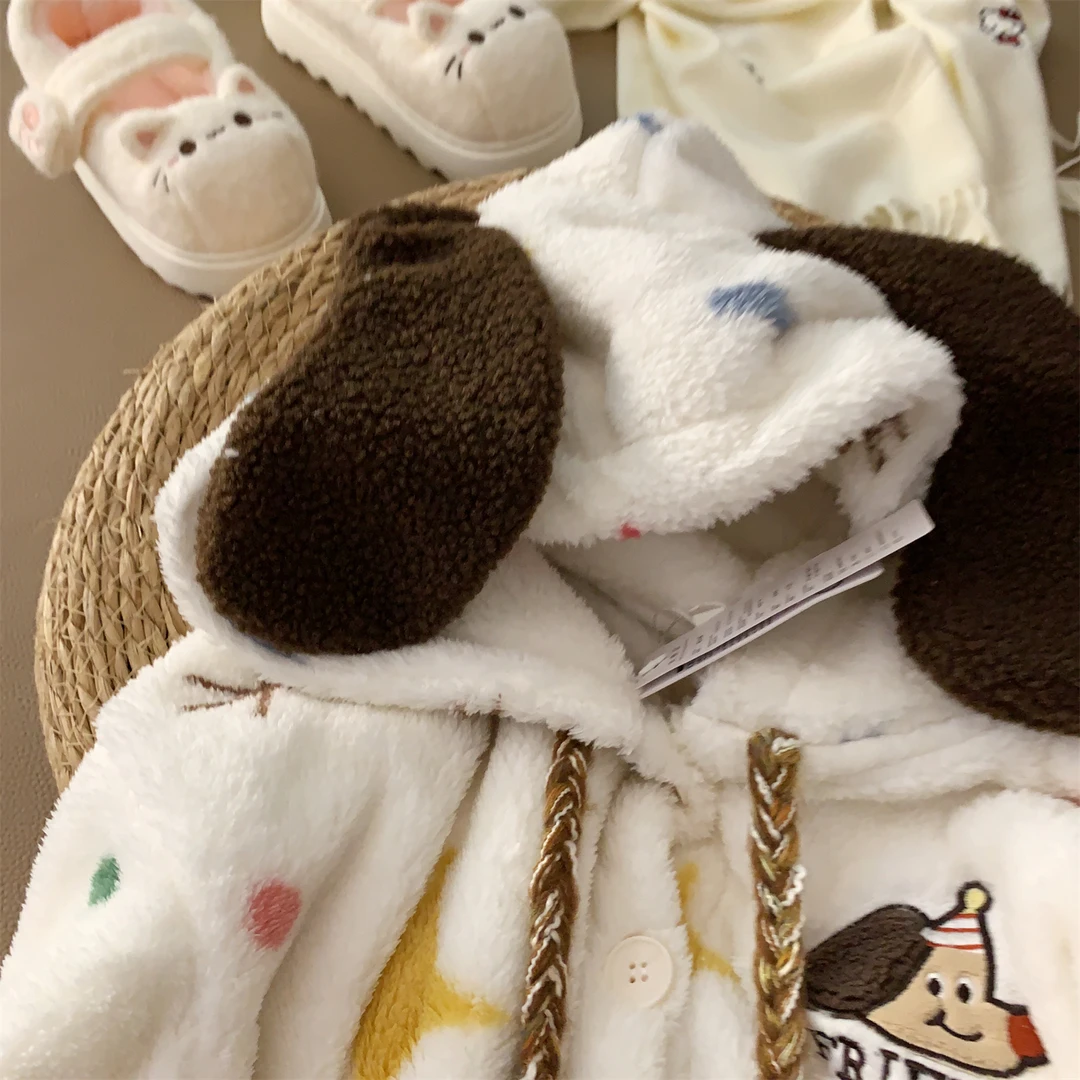 睡衣女可爱卡通连帽睡袍长款家居服套装学生少女珊瑚绒加厚保暖款