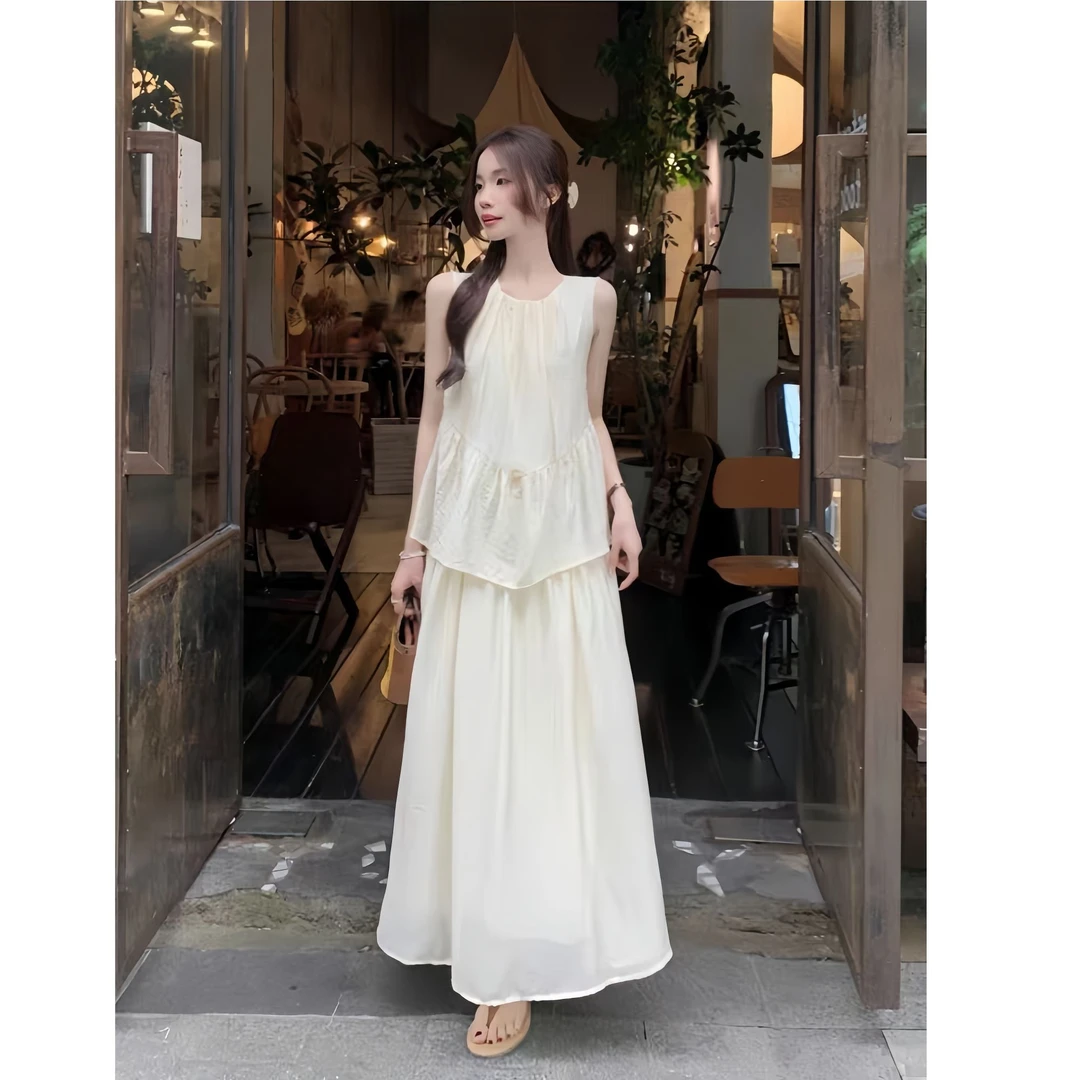 JOANOF夏季拼接连衣裙黄黑皮海边裙子宽松韩版收腰无袖长裙XL588