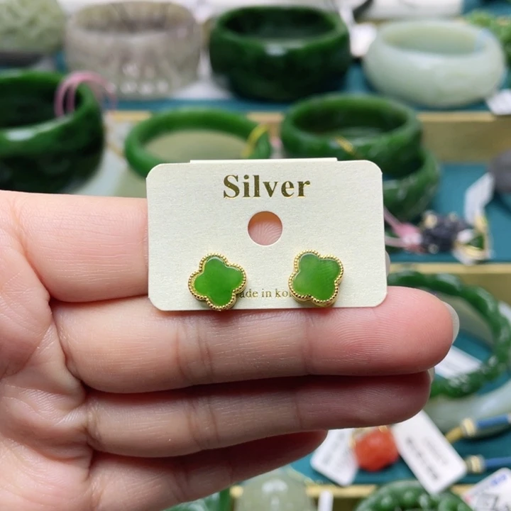 和田玉耳饰银S925镶嵌