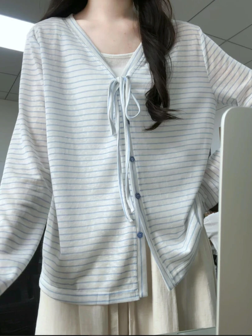 韩系条纹系带长袖T恤女早秋2025新款百搭高级感气质开衫上衣外套