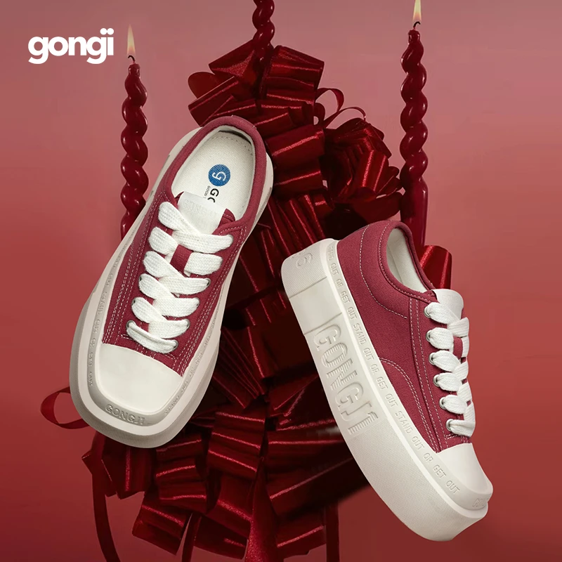 【新年限定】GONGJI方头厚底板鞋女小众红色帆布鞋蛇年新年鞋子JGPY